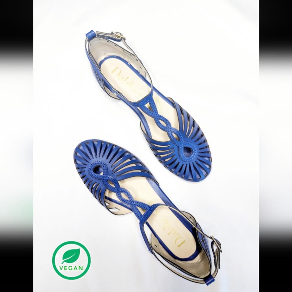 Blue leather flat sandals vintage inspired